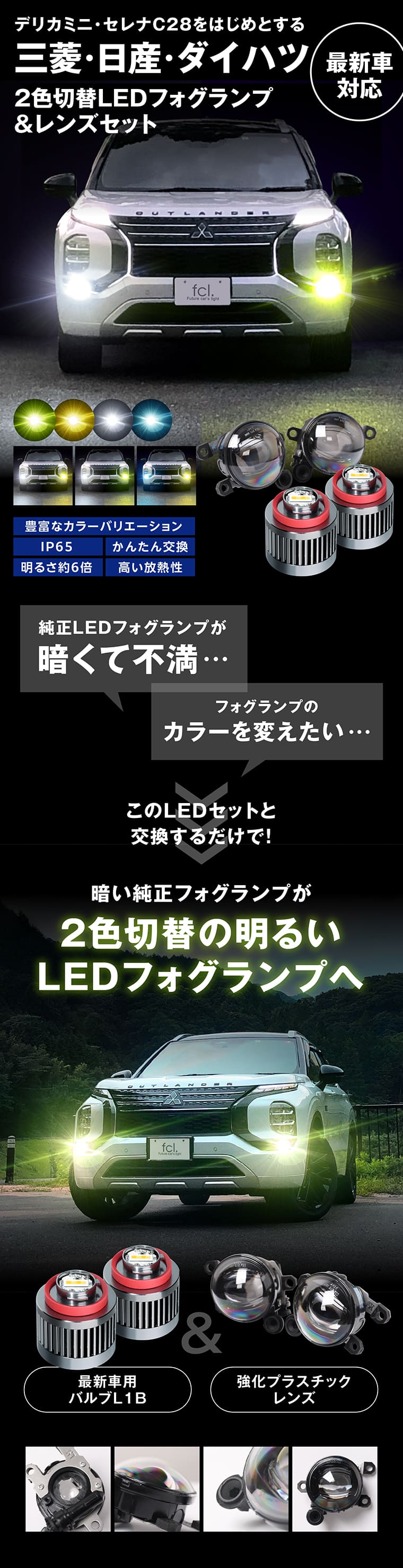 三菱 日産 ダイハツ 2色切替LEDフォグランプ レンズセット