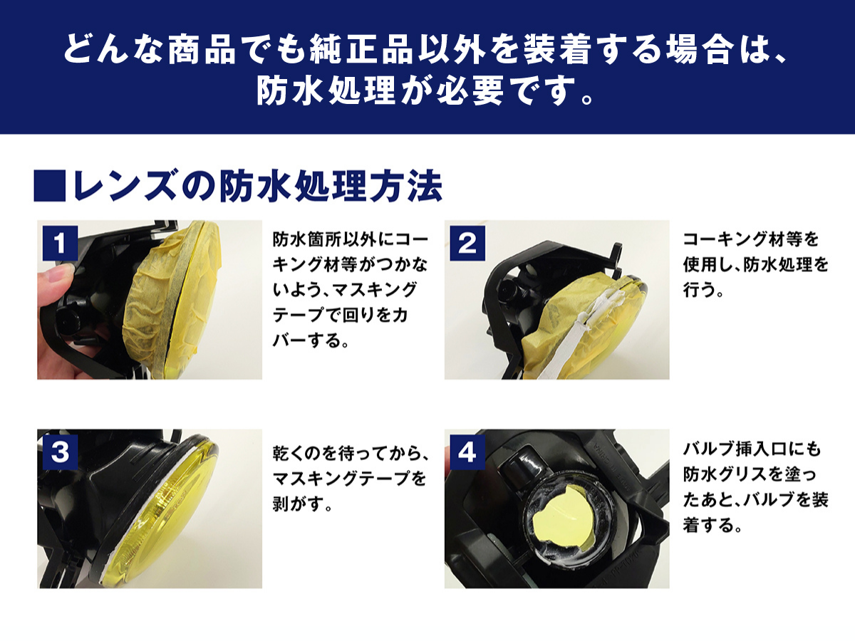 どの商品にも純正品以外を装着する場合、防水処理が必要です。