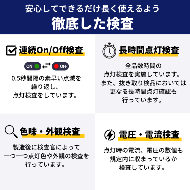 連続ON/OFF検査 長時間点灯検査 色味 外観 電圧 電流