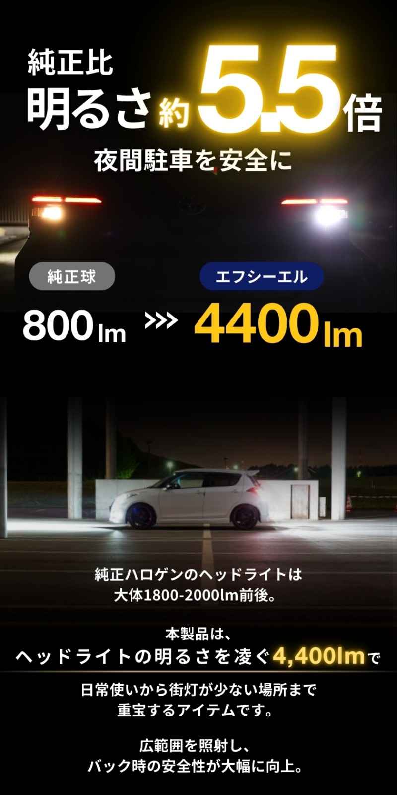 明るさ純正比約5.5倍 4400lm 駐車時も安心
