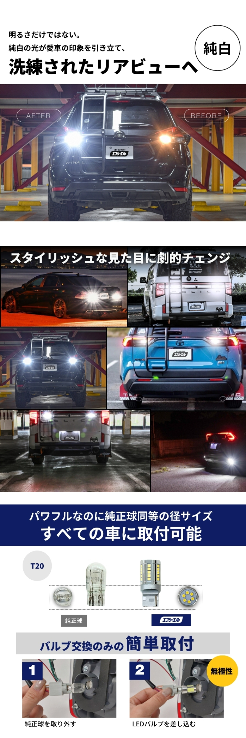 洗練されたリアビューへ 全ての車に取付可能 バルブ交換のみの簡単取付