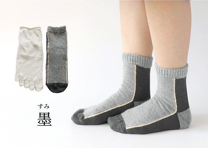 靴下 重ね履き ２足セット アンゴラ混 切替デザイン レディース 女性用 冷えとり くつした ソックス 絹屋 ギフト プレゼント | 絹屋 | 01