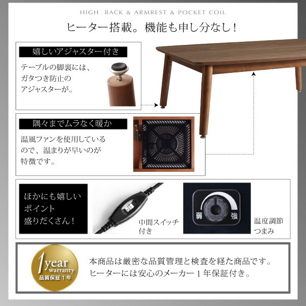 肘付ハイバックこたつソファダイニング  4人6点セット(テーブル+右肘ソファ1脚+左肘ソファ1脚+1Pソファ2脚+コーナーソファ1脚) W135 ts 【ウッドデッキ】