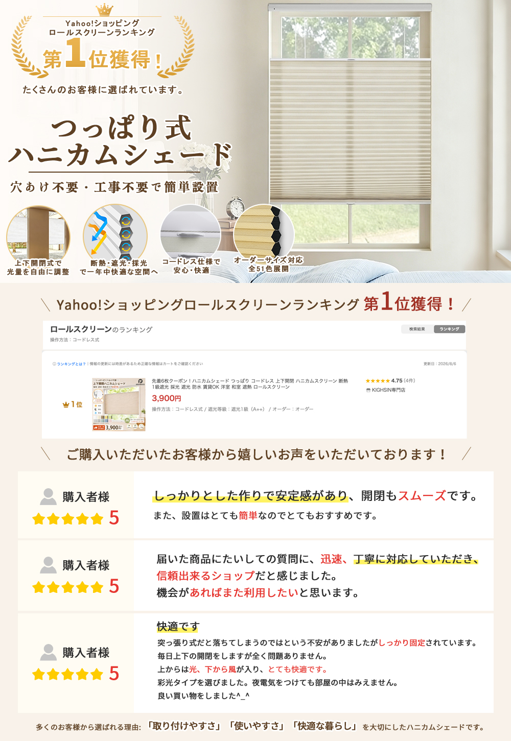 先着6枚クーポン!ハニカムシェード つっぱり ...の詳細画像1