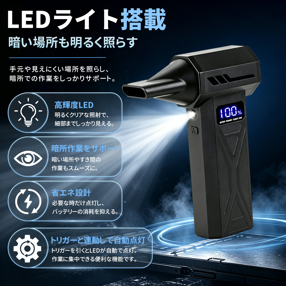 エアダスター 電動エアダスター ブロワー 風量4階調整 小型 ジェットファン Type-C充電ミニジェットファン 高輝度LED付き コンパクト 多用途 PC 掃除車内 |  | 11