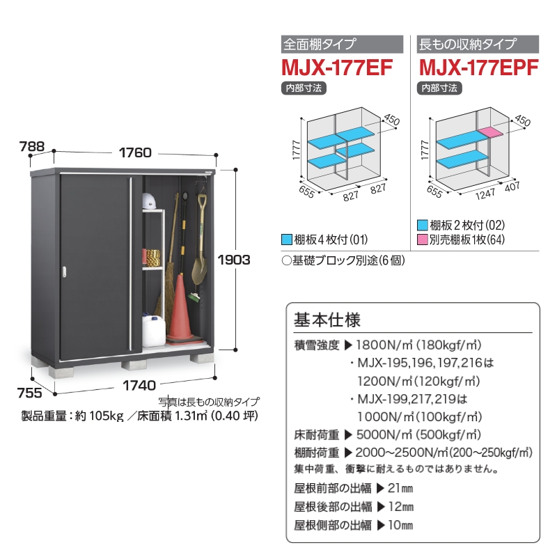 シンプリー イナバ 物置 全面棚 長もの収納タイプ MJX-177EF・MJX