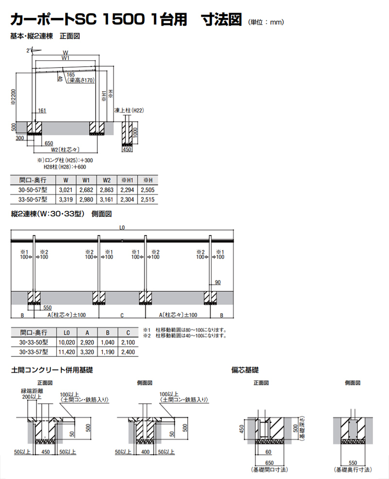 カーポートSC 1500 縦2連棟 30-57型 標準柱H22 W3,021×L11,420 - 10
