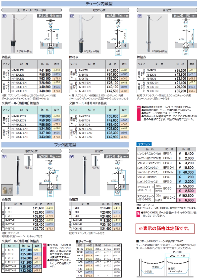 三協アルミ 車止めポール ビポールBP フック固定型 固定式 端部柱Φ60.5