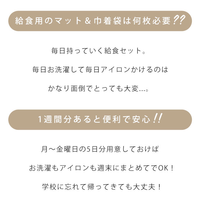 便利な1週間セット 給食マット ×5枚 巾着袋 10点セット 日本製 お揃い