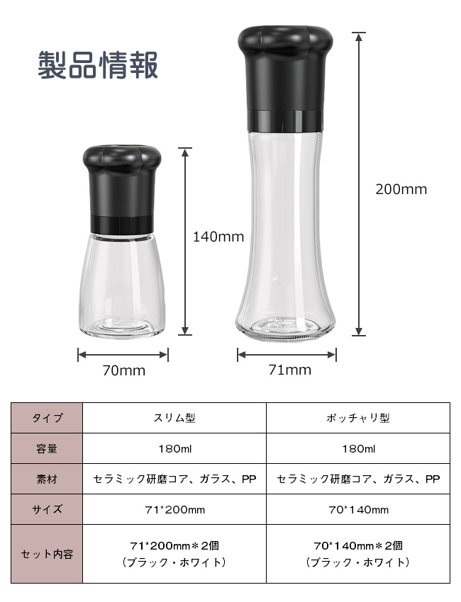 即納 2個 180ml 高品質ぺッパーミル ブラックペッパー スパイスボトル