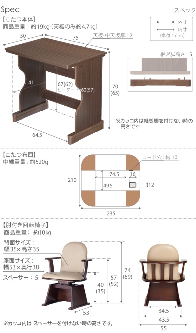 こたつ テーブル 長方形 デスク型ハイタイプこたつ-フォート75x50cm +