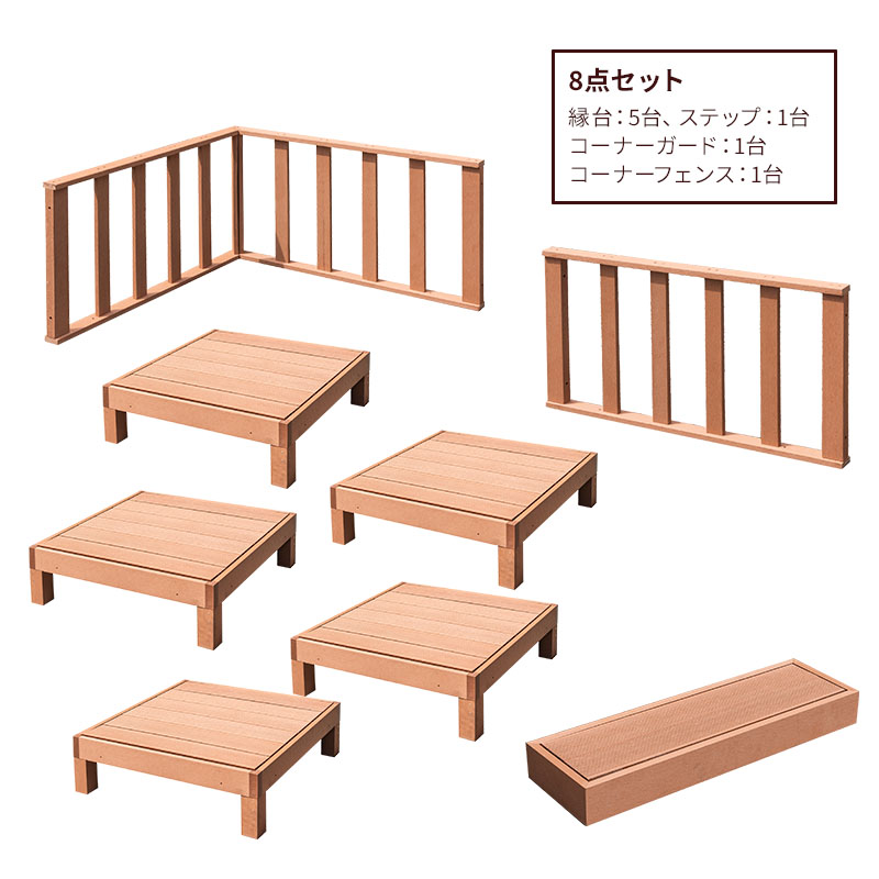 値下げ可能　ウッドデッキ8個、コーナーフェンスセット 楽天市場】本体8台セット フェンス＆ステップ付き 人工木 ウッドデッキ