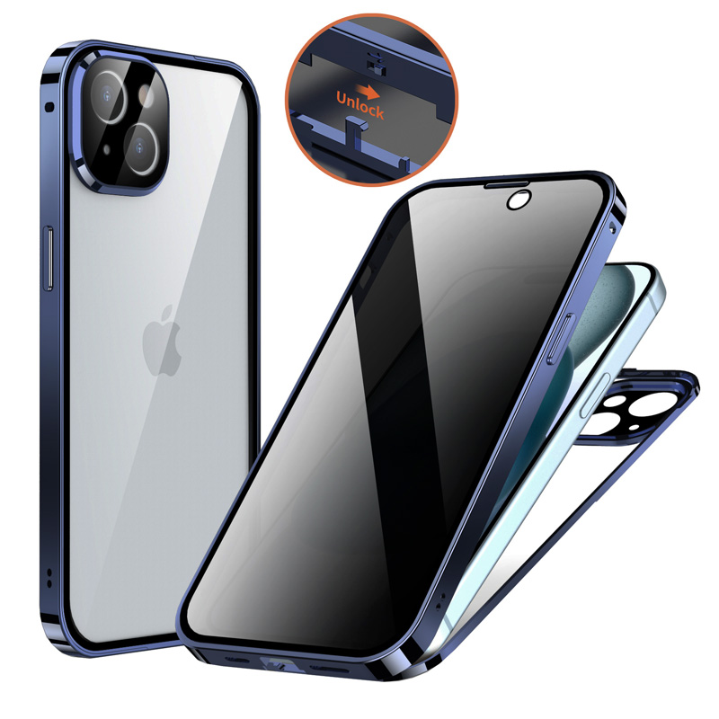 画面覗き見防止 両面ガラス 上部バンパーロック iPhone15 iPhone15Plus