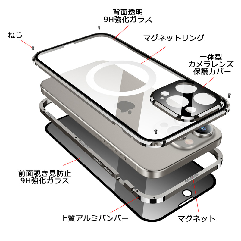 iPhone15 ケース 画面覗き見防止 両面ガラス マグネットねじ止め式