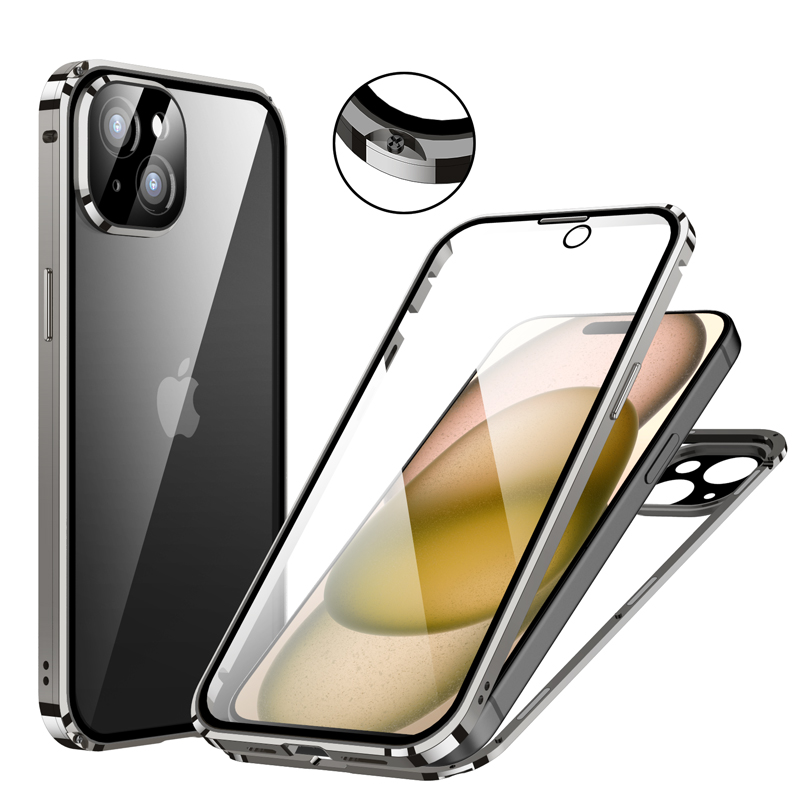 両面ガラス マグネットねじ止め式 iPhone15 iPhone15Plus iPhone15Pro iPhone15ProMax ケース 両面 9H強化ガラス カバー アルミバンパー アイフォン15｜fi-store｜03