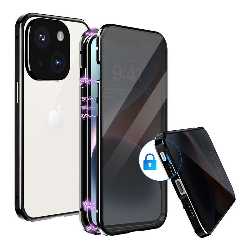 iPhone14 ケース 画面覗き見防止 両面ガラス バンパーロック iPhone