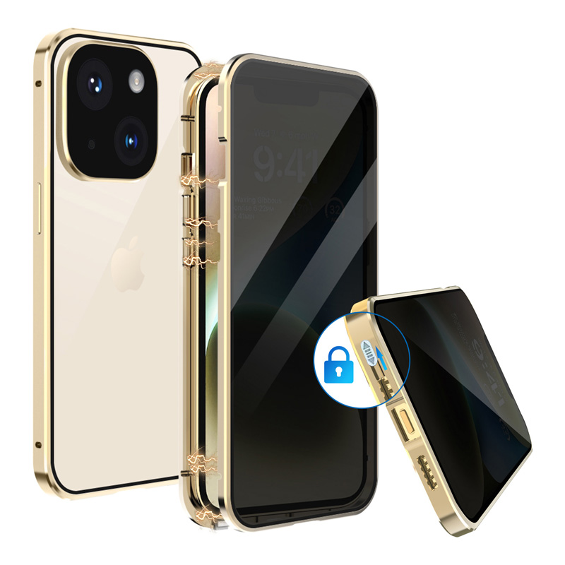 iPhone14 ケース 画面覗き見防止 両面ガラス バンパーロック iPhone