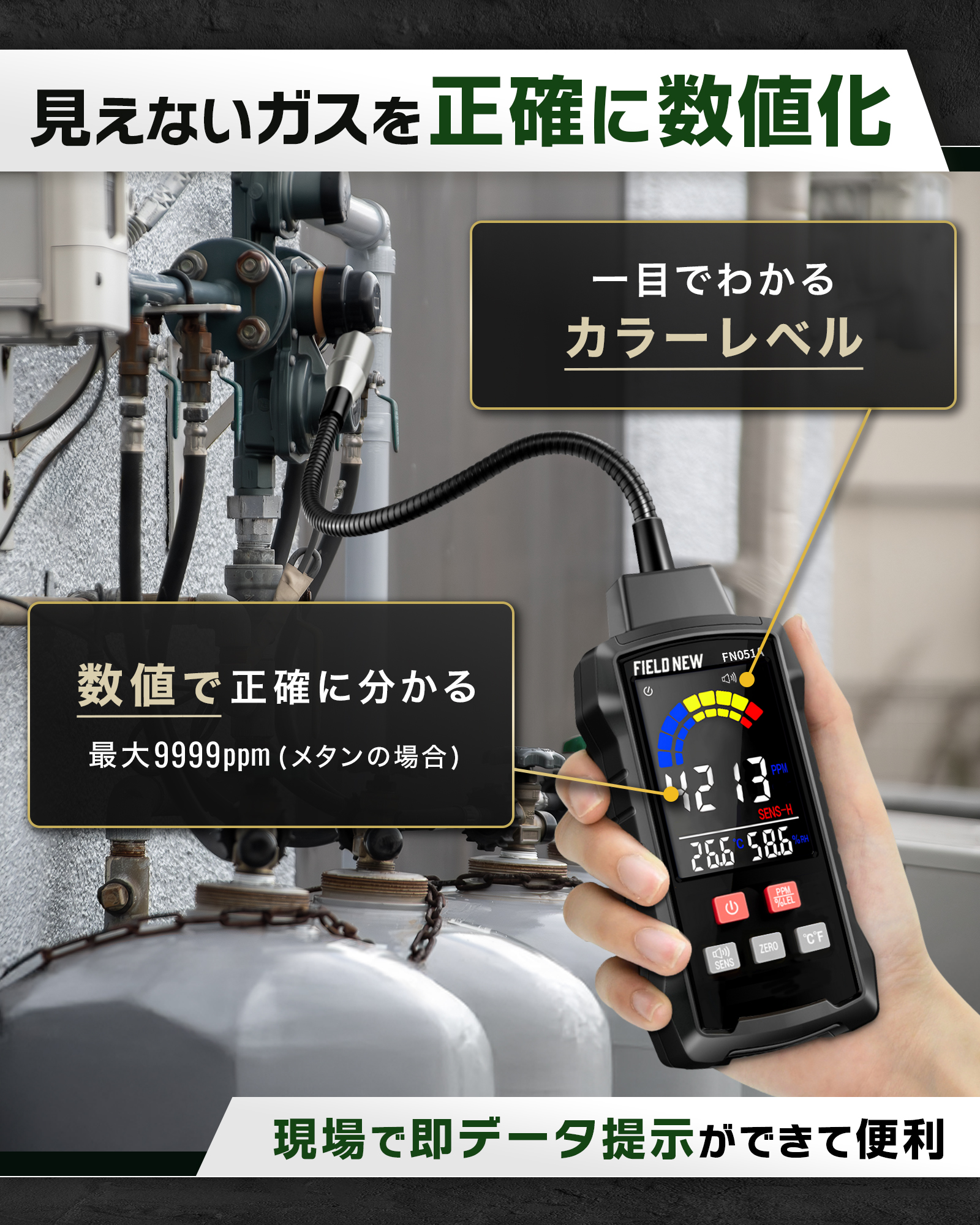 ガス漏れ検知器 Pro【見えないガスを数値表示】フレキシブルセンサー