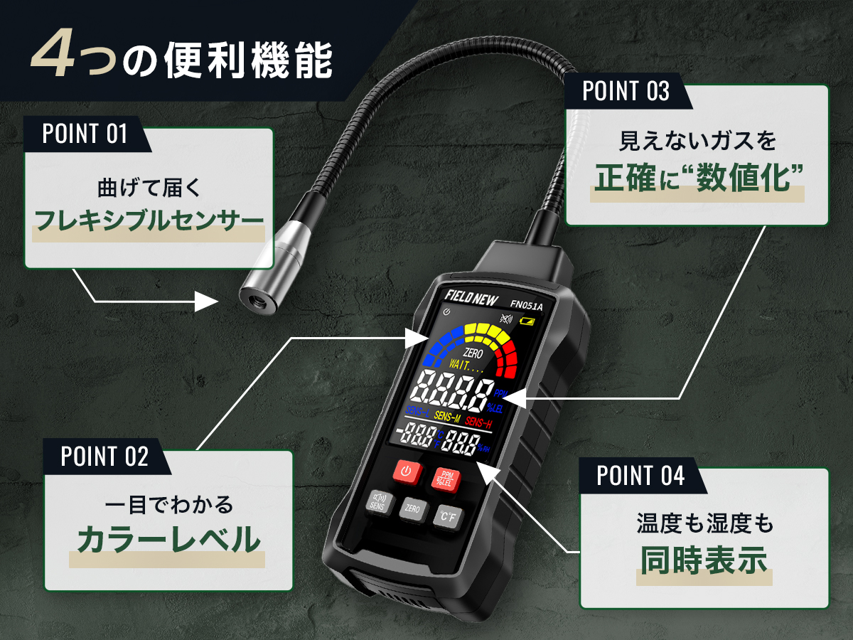 ガス漏れ検知器 Pro【見えないガスを数値表示】フレキシブルセンサー