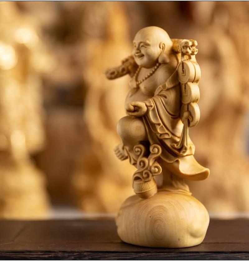 仏像 木彫り 布袋様の置物 高級天然ツゲ木彫り 布袋様の笑顔 木彫り