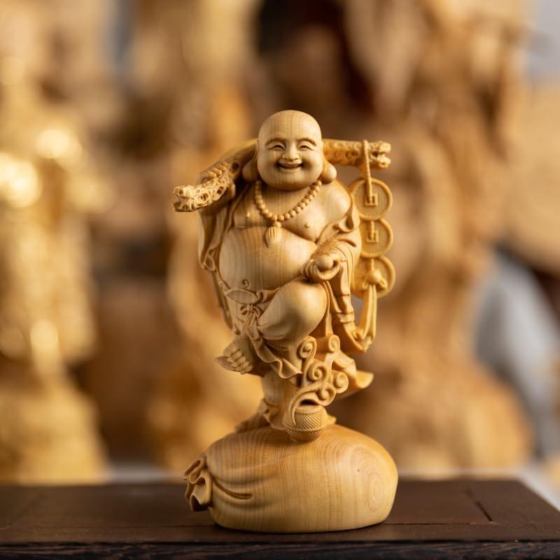 仏像 木彫り 布袋様の置物 高級天然ツゲ木彫り 布袋様の笑顔 木彫り