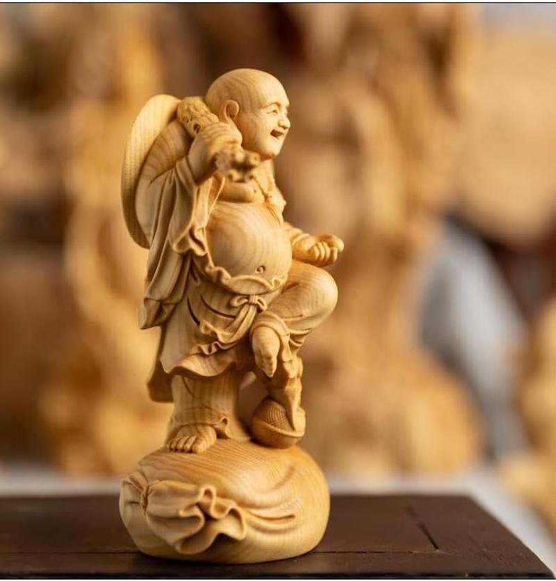 骨董品 布袋さん 木彫り 彫刻　像　置物 仏像 木彫り 布袋様の置物 高級天然ツゲ木彫り 布袋様の笑顔 木彫り