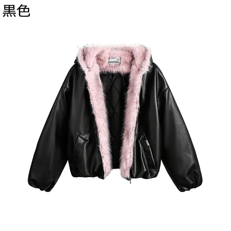 レザージャケット ファージャケット メンズ レディース ピンクブラック フード付き フェイクファー 秋冬服 ジッパー アウター ブルゾン_1