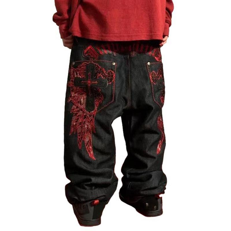 刺繍 デニムパンツ バギー メンズ ワイドジーンズ ヴィンテージ ルーズ