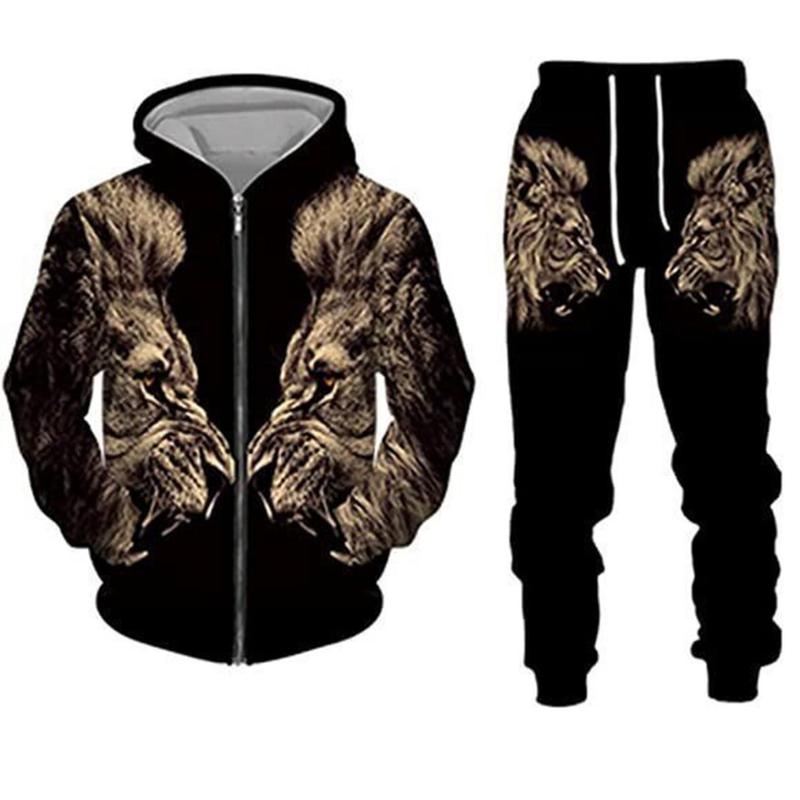 3Dロゴ ストレッチジャージ ジップパーカー　M ジャージ メンズ 上下セット 長袖 フードパーカー 3Dプリント 獅子柄