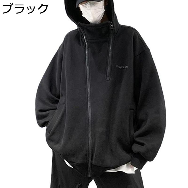 パーカー メンズ フード付 ストリート系 斜めジップ 秋 プルオーバー