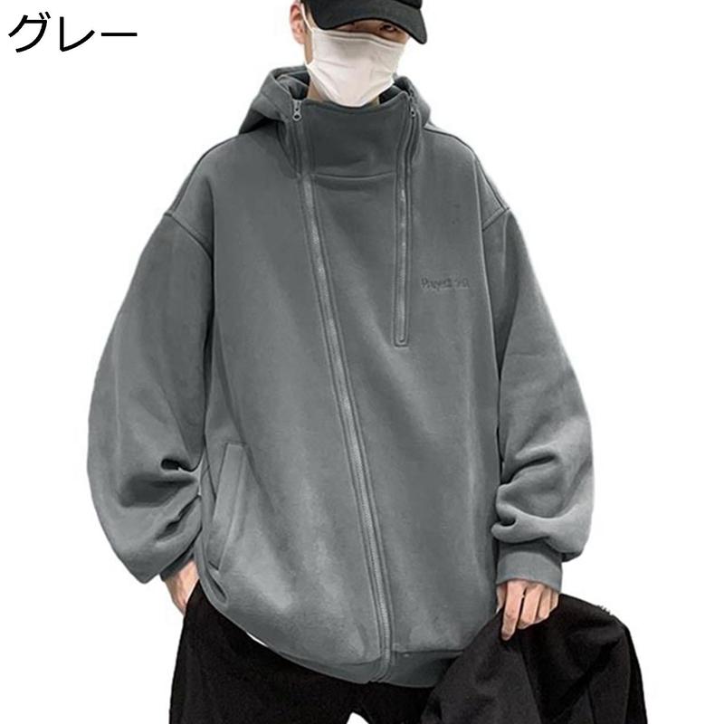 パーカー メンズ フード付 ストリート系 斜めジップ 秋 プルオーバー