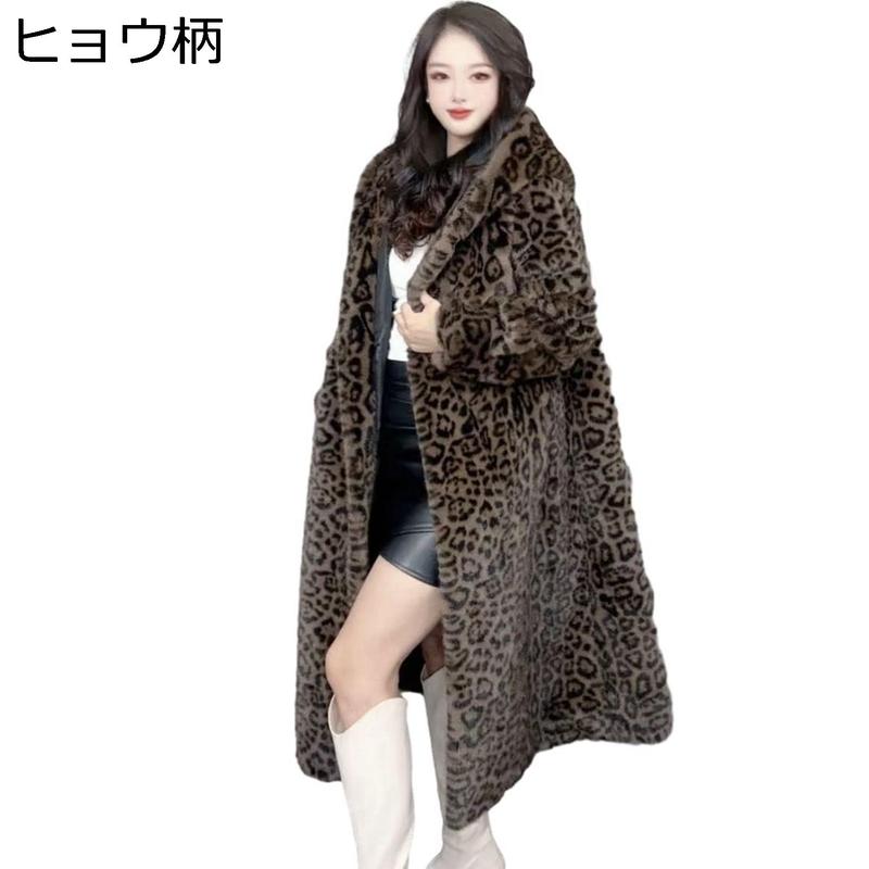 ロング ファーコート レディース フード付き 豹柄 秋冬 フェイクファー 