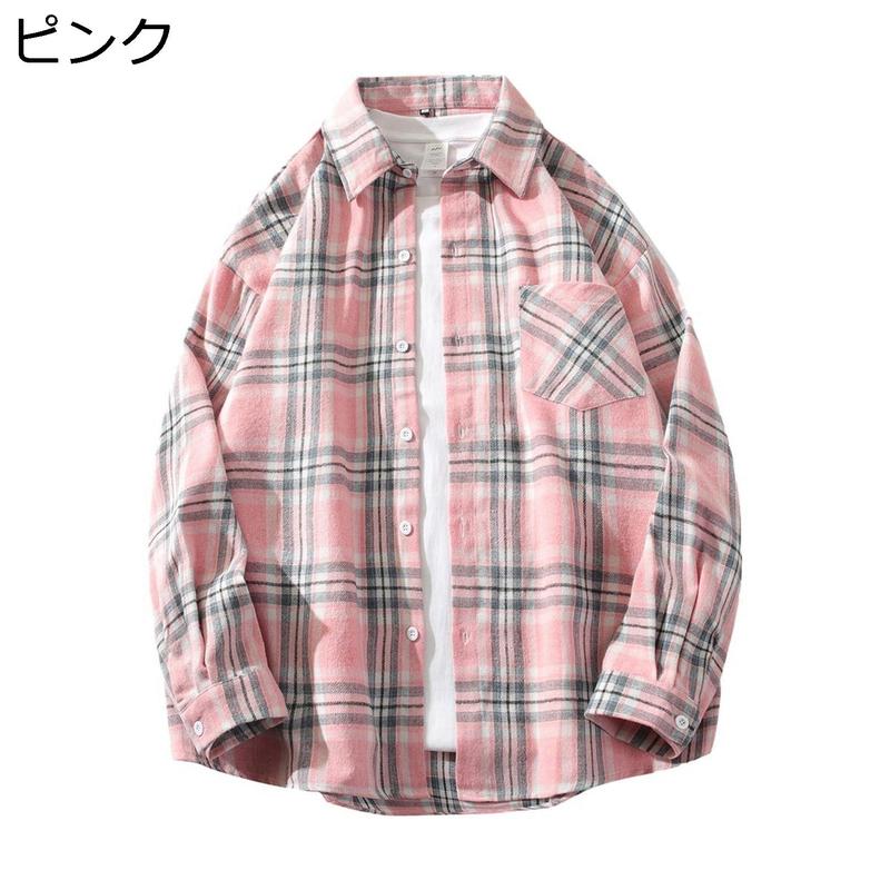 メンズ チェック 長袖 ネルシャツ ボタンダウン 秋服 開襟 ピンク