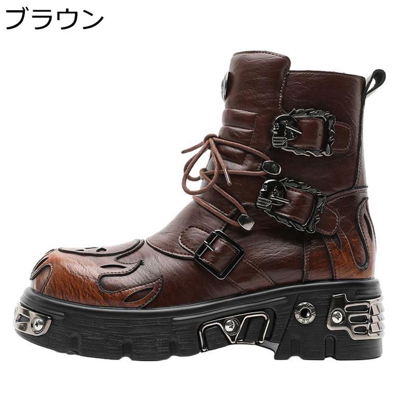 ショートブーツ ワークブーツ メンズ 厚底 パンク系 髑髏柄 5cmアップ