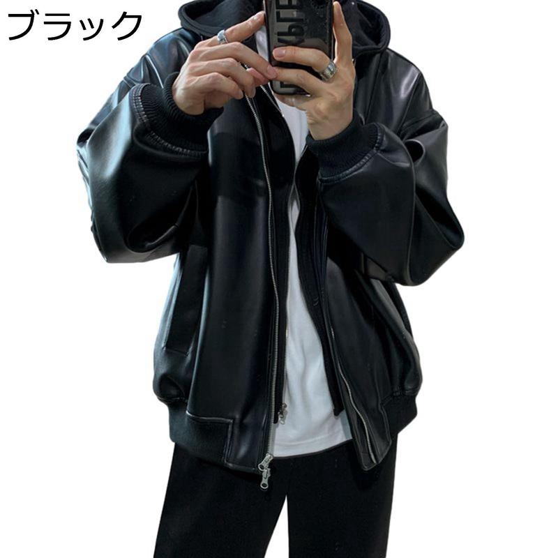 フード付き スタジャン PUレザージャケット メンズ 革ジャン ライダースジャケット カジュアル ゆったり フェイクレイヤード お洒落_1