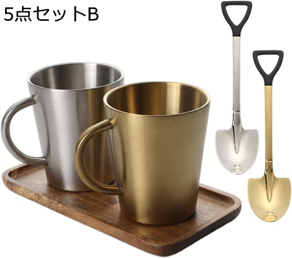 マグカップ ステンレス 男女兼用 二重構造 300ml 5点セット 軽量 断熱 ティーカップ 保冷 保温 真空構造 おしゃれ コップ マグ_2