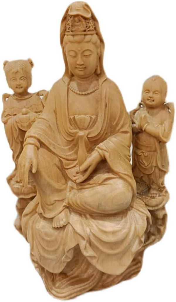 観音菩薩坐像 善財童子 高級天然ツゲ木彫り（高さ12cm×巾8cm） 木彫り 観音 菩薩 像 お守り 置物 観音様 仏像 祈る 厄除け