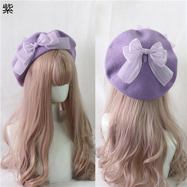 ベレー帽 帽子 かわいい リボン 無地 蝶結び ウール 女の子 レディース クリップ付き 帽子 ロリータ風 レトロ ヴィンテージ 手作り |  | 10