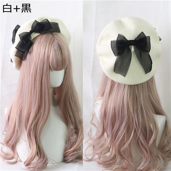ベレー帽 帽子 かわいい リボン 無地 蝶結び ウール 女の子 レディース クリップ付き 帽子 ロリータ風 レトロ ヴィンテージ 手作り |  | 03