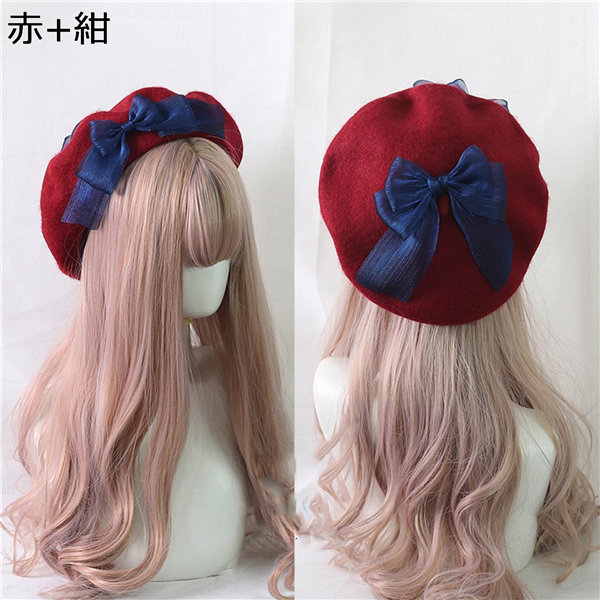 ベレー帽 帽子 かわいい リボン 無地 蝶結び ウール 女の子 レディース クリップ付き 帽子 ロリータ風 レトロ ヴィンテージ 手作り |  | 04