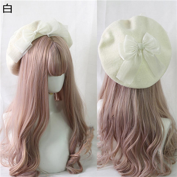 ベレー帽 帽子 かわいい リボン 無地 蝶結び ウール 女の子 レディース クリップ付き 帽子 ロリータ風 レトロ ヴィンテージ 手作り |  | 06