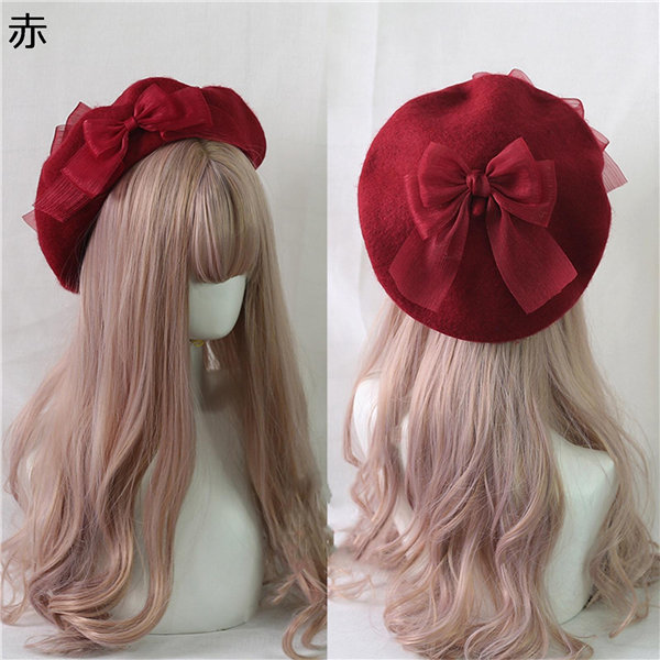 ベレー帽 帽子 かわいい リボン 無地 蝶結び ウール 女の子 レディース クリップ付き 帽子 ロリータ風 レトロ ヴィンテージ 手作り |  | 08
