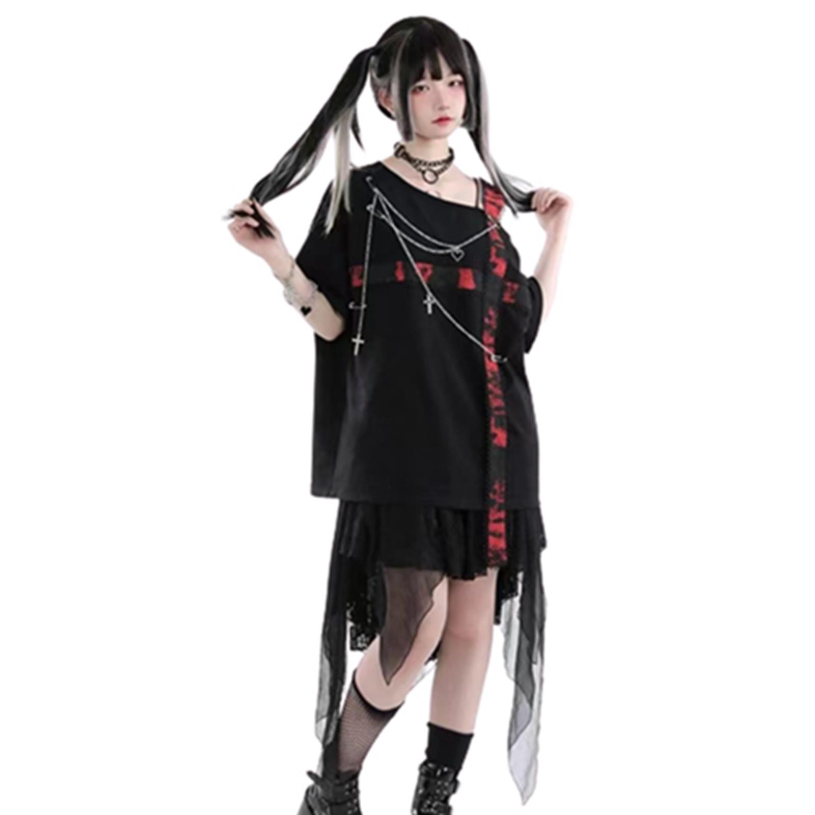 Tシャツ レディース 半袖シャツ アンシンメトリー オフショルダー ゆったり チェイン付き 大きいサイズ 夏着 暗黒 病み可愛い 地雷系 Tシャツ レディース 半袖シャツ アンシンメトリー オフ