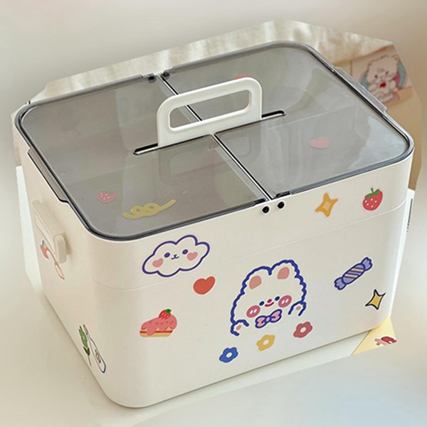 薬箱 救急箱 2層収納 薬ボックス 透明蓋設計 シール付き かわいい 大