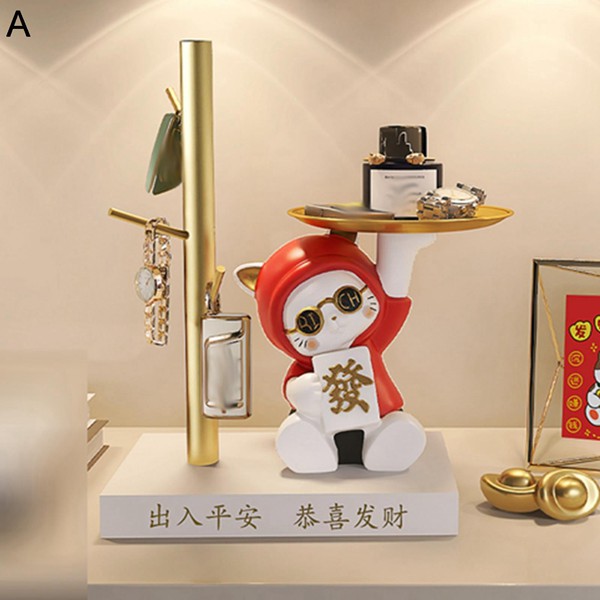 鍵置き 皿を上げる招き猫 玄関収納 キー収納トレイ サングラスの猫の