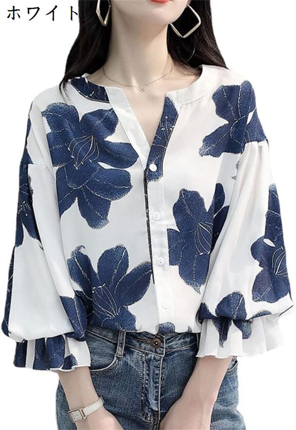 シャツ 花柄 ブラウス レディース トップス tシャツ シフォン カットソー チュニック とろみ プリント ボリューム袖 刺繍 ギャザー |  | 01