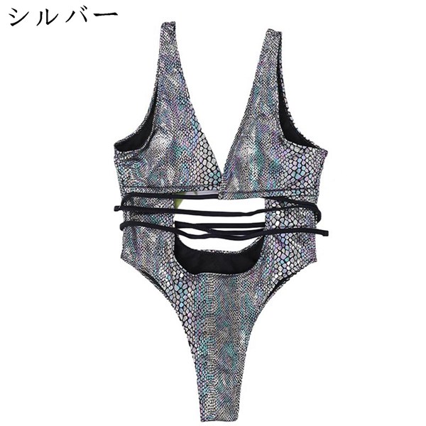 モノキニ水着 レディース オールインワン 蛇紋様 深いVネック 美