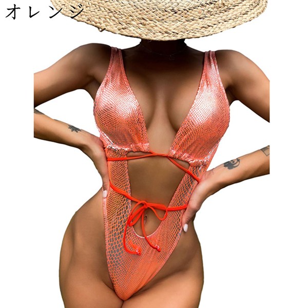 モノキニ水着 レディース オールインワン 蛇紋様 深いVネック 美バスト