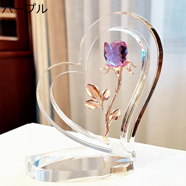 k9クリスタル 水晶造花 ハート 薔薇 バラ ローズ スタンド 水晶置物