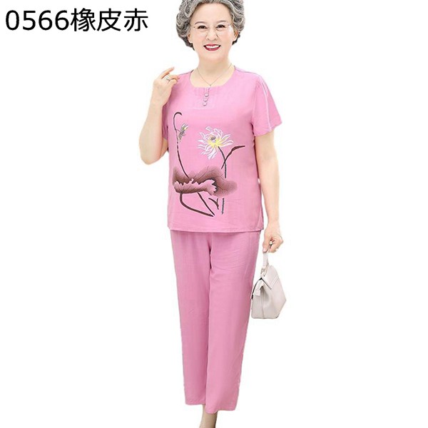 上下セット Tシャツ 半袖 プルオーバー 婦人ブラウス 荷柄 中華風 イージーパンツ 9分丈 高齢者 おばあちゃん シニア ママ 婦人用 上下セット Tシャツ 半袖 プルオーバー 婦人ブラウス 荷柄 中華